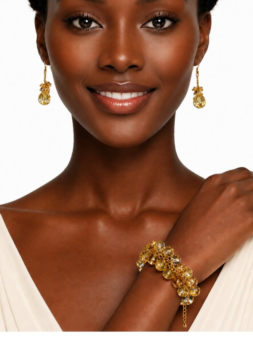 Earrings & Bracelet Set of Faceted Amber & Gold Colored AB Beads